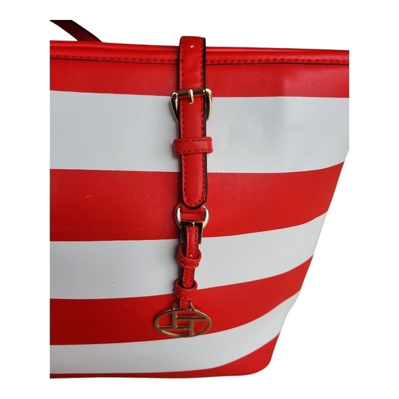 Red & White Striped Canvas Beach Tote Gold Chain Crossbody - Picture 5 of 12